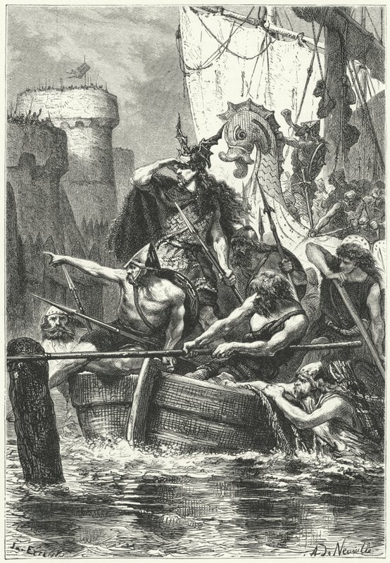 Den normanniske flåde angriber Paris, 885 (gravering) af Alphonse Marie de (after) Neuville