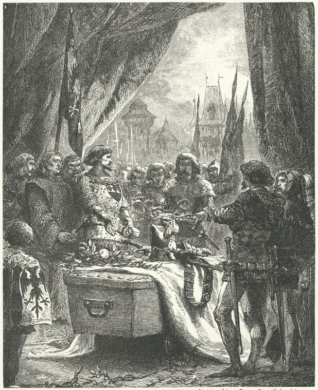 Kommandanten af Chateauneuf de Randon lægger nøglerne til byen på Bertrand du Guesclins kiste af Alphonse Marie de (after) Neuville