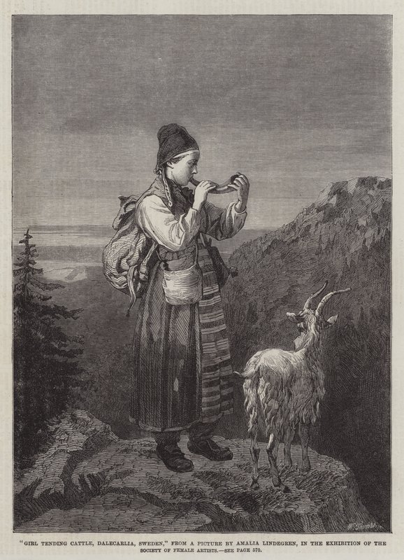Pige, der passer kvæg, Dalecarlia, Sverige, i udstillingen af Society of Female Artists af Amalia Lindegren