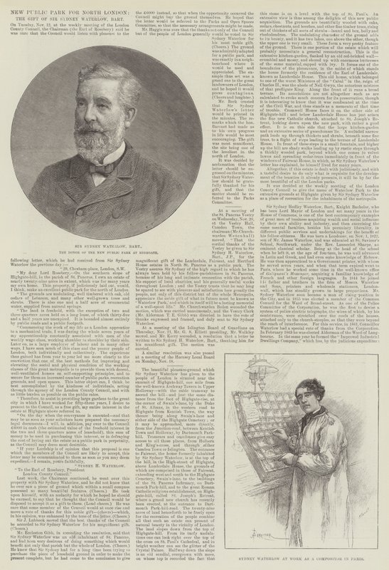 Ny offentlig park for det nordlige London, gave fra Sir Sydney Waterlow, Baronet af Amedee Forestier
