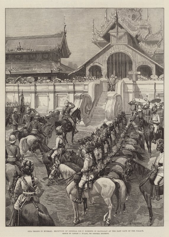 Vores tropper i Burmah, modtagelse af general Sir F Roberts i Mandalay ved paladsets østport af Amedee Forestier