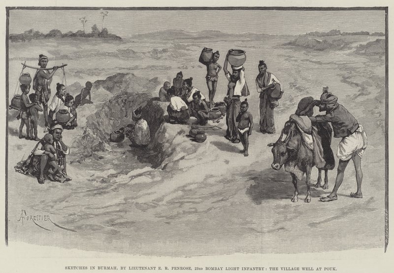 Skitser i Burmah af løjtnant E R Penrose, 23rd Bombay Light Infantry, Village Well at Pouk af Amedee Forestier