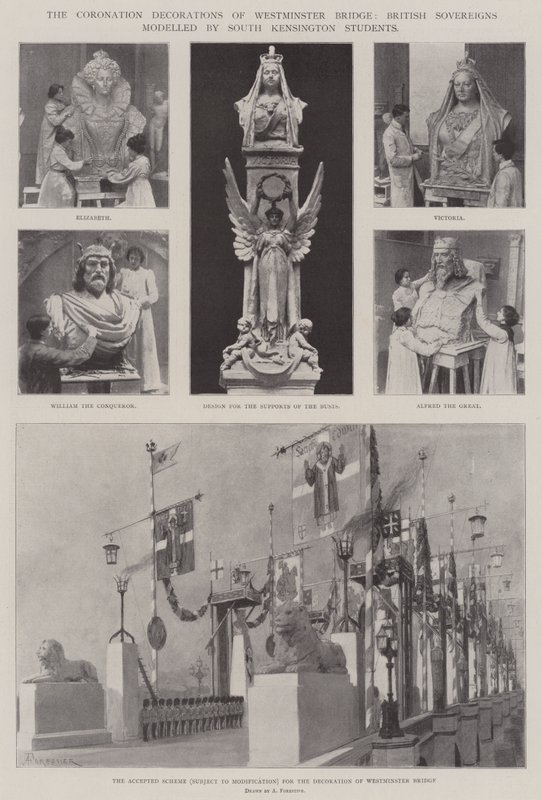 The Coronation Decoration of Westminster Bridge, British Sovereigns modelleret af South Kensington Students af Amedee Forestier