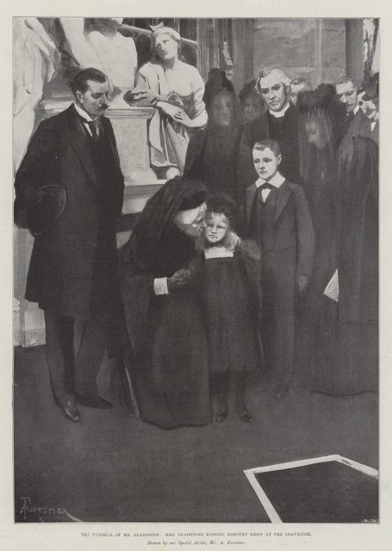Mrs Gladstones begravelse, fru Gladstone kysser Dorothy Drew ved graven af Amedee Forestier