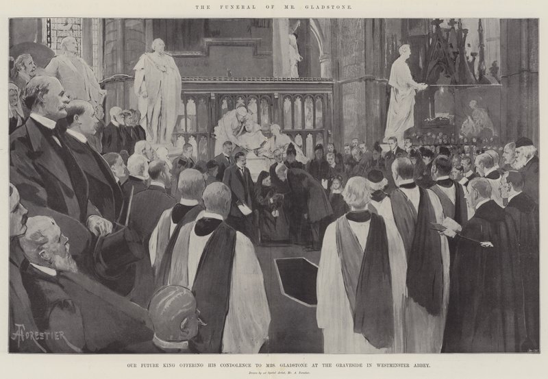 Begravelsen af hr. Gladstone, vores fremtidige konge, der tilbyder sin kondolence til fru Gladstone ved Graveside i Westminster Abbey af Amedee Forestier