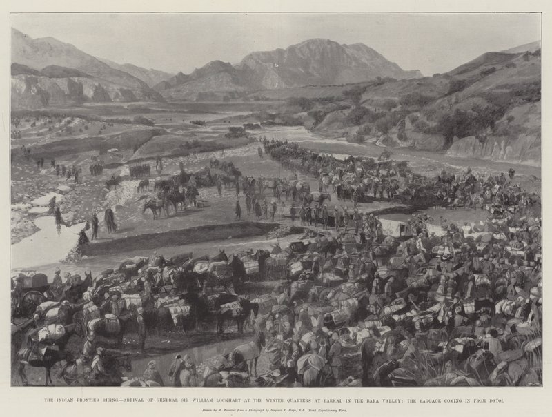 The Indian Frontier Rising, General Sir William Lockharts ankomst til Winter Quarters i Barkai i Bara Valley, bagagen kommer ind fra Datoi af Amedee Forestier
