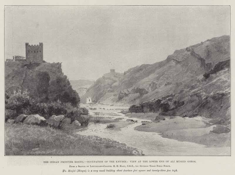 The Indian Frontier Rising, Besættelse af Khyber, Udsigt ved den nedre ende af Ali Musjid Gorge af Amedee Forestier