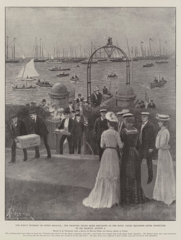 Kongens interesse i Cowes Regatta, Yachting-priserne returneres til Royal Yacht Squadron efter inspektion af Hans Majestæt, 2. august af Amedee Forestier