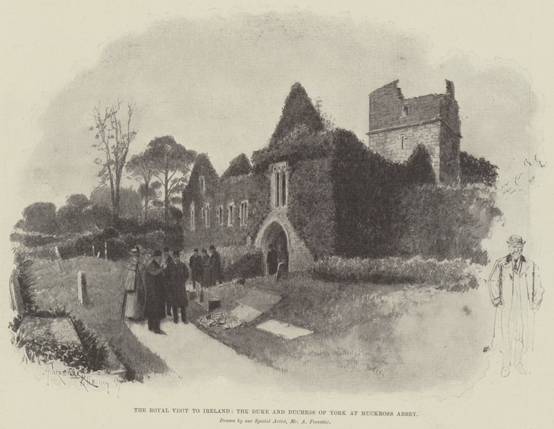 Det kongelige besøg i Irland, hertugen og hertuginden af York i Muckross Abbey af Amedee Forestier