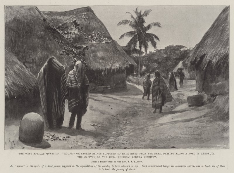 Det vestafrikanske spørgsmål, Eguns, eller hellige væsener, der formodes at være genopstået fra de døde, passerer langs en vej i Abeokuta, hovedstaden i Egba-kongedømmet, Yoruba-landet af Amedee Forestier