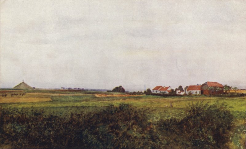Farm of La Belle Alliance og højen overvundet af den belgiske løve, Waterloo af after Amedee Forestier