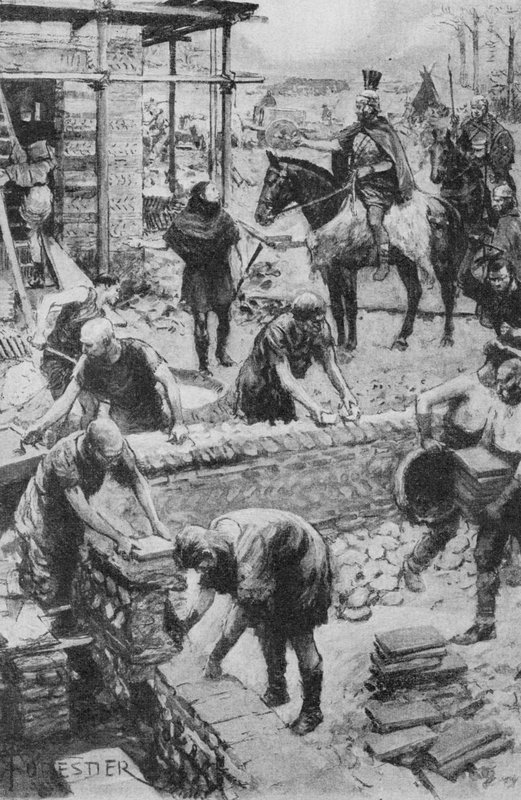 En romersk general leder bygningen af et guvernørhus ved Darent, hvor fundamentet stadig overlever (litho) af Amedee (after) Forestier