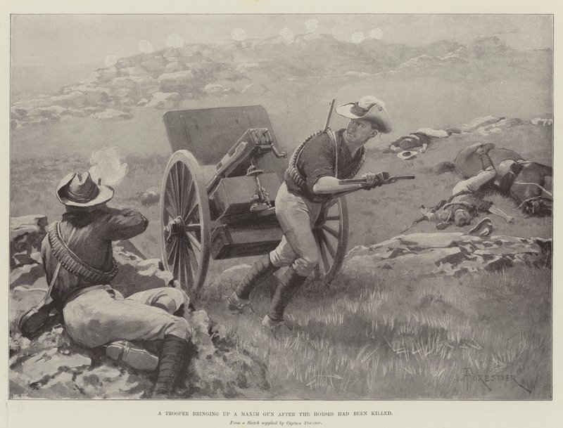 En soldat, der fremfører en Maxim Gun, efter at hestene var blevet dræbt af Amedee Forestier