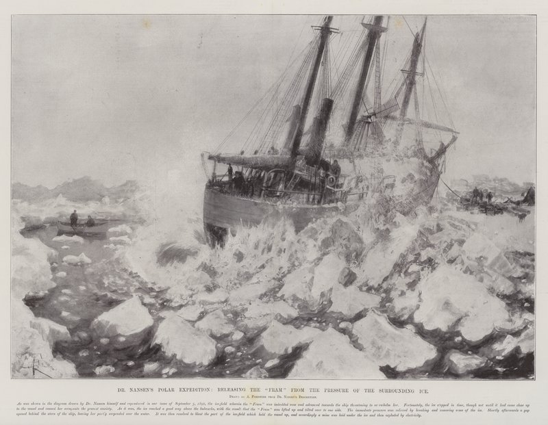 Dr. Nansen Polar Ekspedition, frigør rammen fra trykket fra den omgivende is af Amedee Forestier
