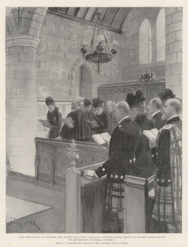 Kong Edward VII i Balmoral, Hans Majestæt og Dronning Alexandra deltager i gudstjeneste i Crathie Parish Church om morgenen søndag den 6. oktober af Amedee Forestier