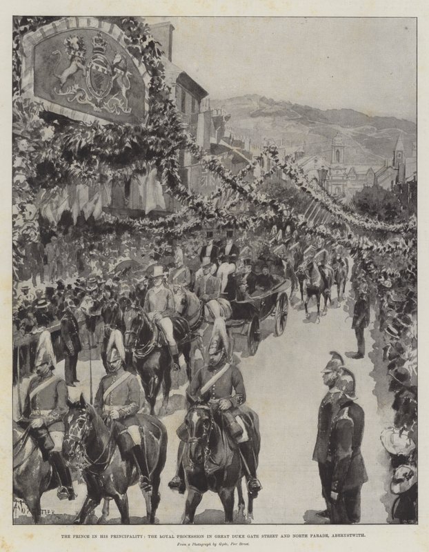 Prinsen i hans fyrstedømme, den kongelige procession i Great Duke Gate Street og North Parade, Aberystwyth af Amedee Forestier