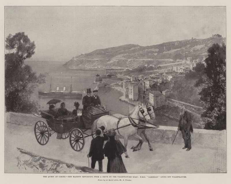 Dronningen i Cimiez, Hendes Majestæt vender tilbage fra en køretur ad Villefranche-vejen, HMS Cambrian ligger ud for Villefranche af Amedee Forestier