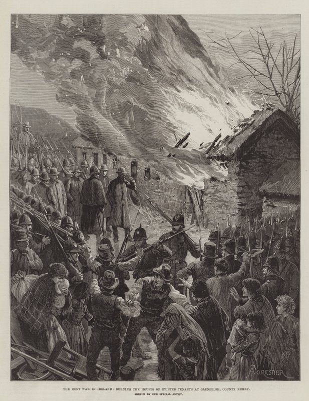 Huslejekrigen i Irland, der brænder husene til udsatte lejere i Glenbeigh, County Kerry af Amedee Forestier