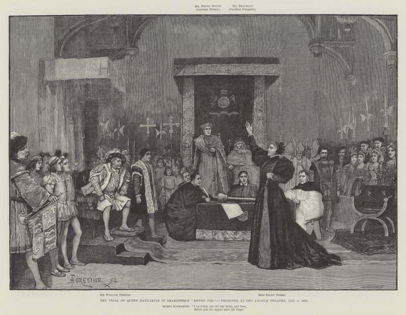 Retssagen mod dronning Katharine i Shaksperes Henry VIII, produceret på Lyceum Theatre, 5. januar 1892 af Amedee Forestier