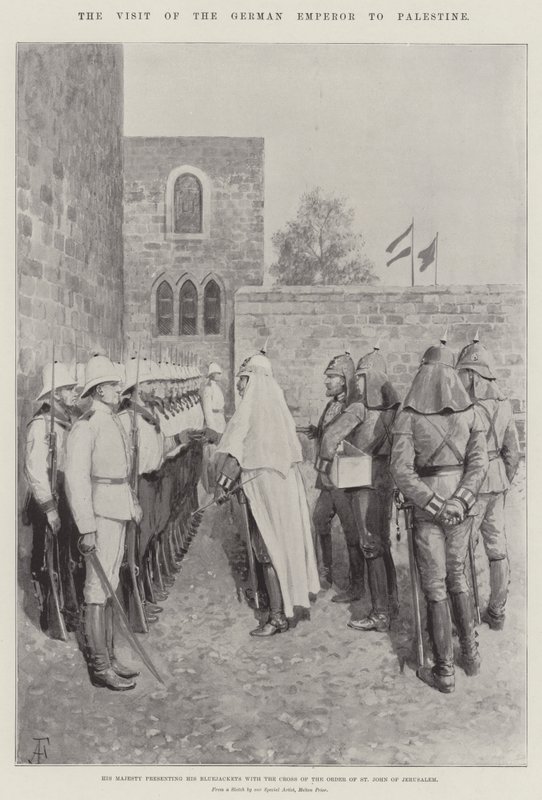 Den tyske kejsers besøg i Palæstina, hvor hans majestæt overrækker sine blåjakker med korset af Johannesordenen af Jerusalem af Amedee Forestier
