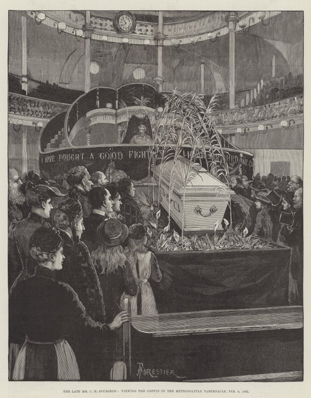 Den afdøde hr. CH Spurgeon, der ser kisten i Metropolitan Tabernacle, 9. februar 1892 af Amedee Forestier