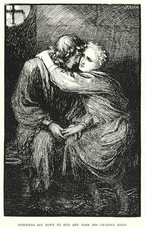 Innocens satte sig ned ved ham og tog hans lænkede hånd (gravering) af Amelia M. (attr.to) Bowerley or Bauerle