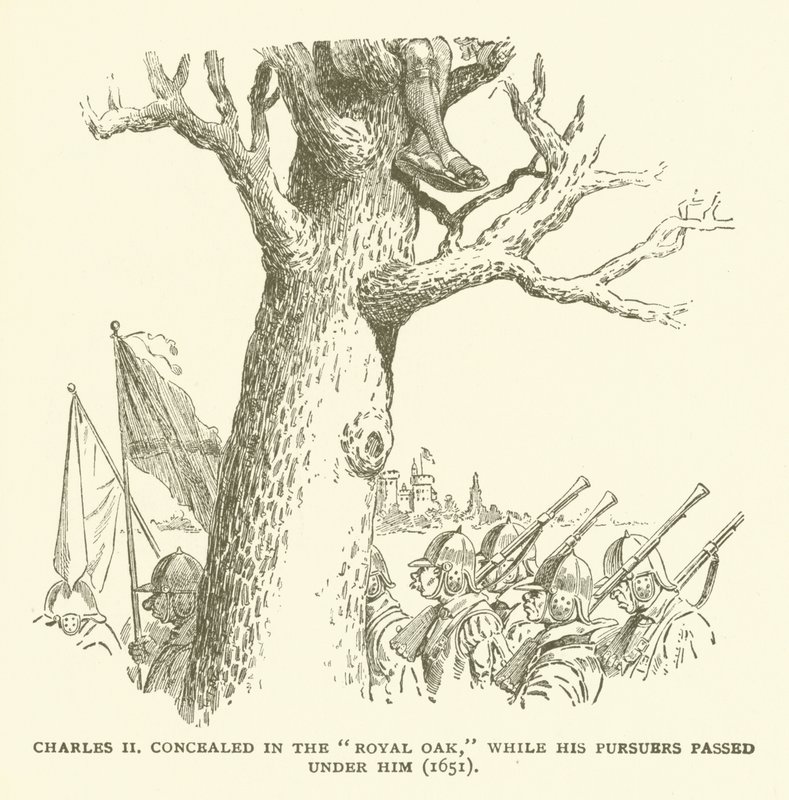 Charles II skjult i Royal Oak, mens hans forfølgere gik under ham (1651) af American School