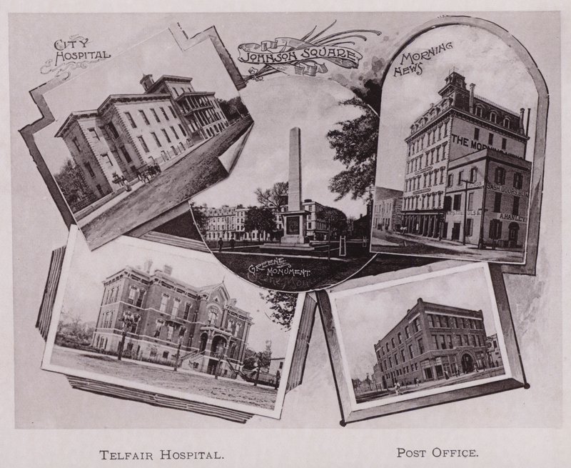Byens Hospital; Johnson Square; Greene Monument; Morning News, Telfair Hospital, Post Office (s/h foto) af American Photographer (after)