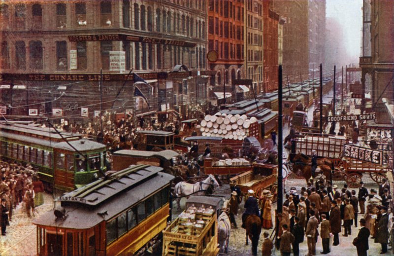 En travl dag på Dearborn og Randolph Streets (farvefoto) af American Photographer
