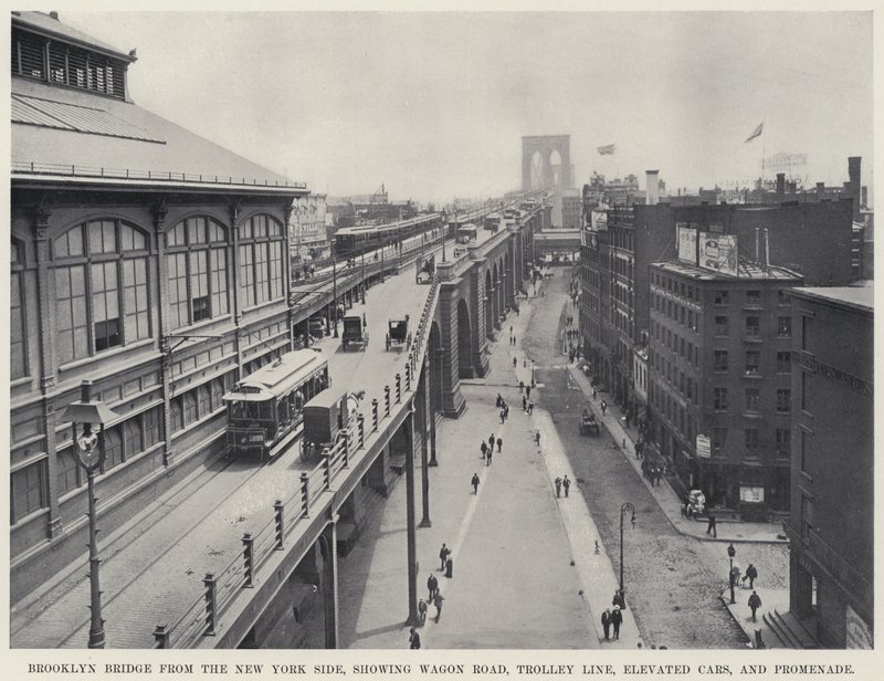Brooklyn Bridge fra New York Side, der viser Wagon Road, Trolley Line, Elevated Cars og Promenade (s/h foto) af American Photographer