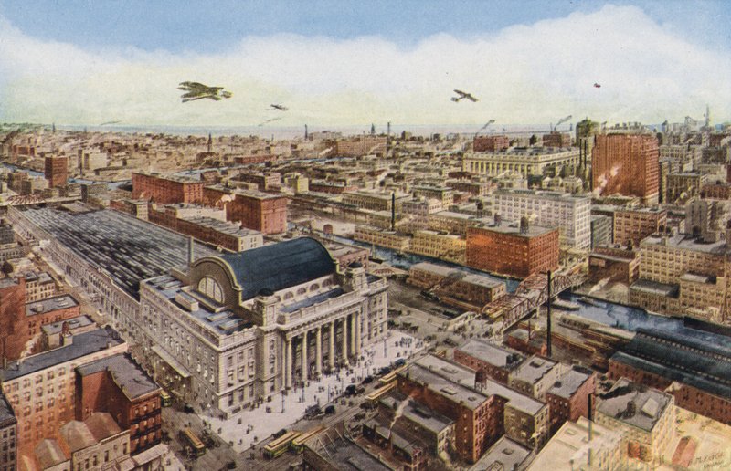 Chicago: Udsigt i fugleperspektiv over Chicagos forretningsdistrikt (farvefoto) af American Photographer