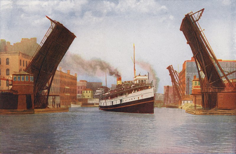 Chicago: State Street Bascule Bridge løftet for udflugtsdampskib (farvefoto) af American Photographer