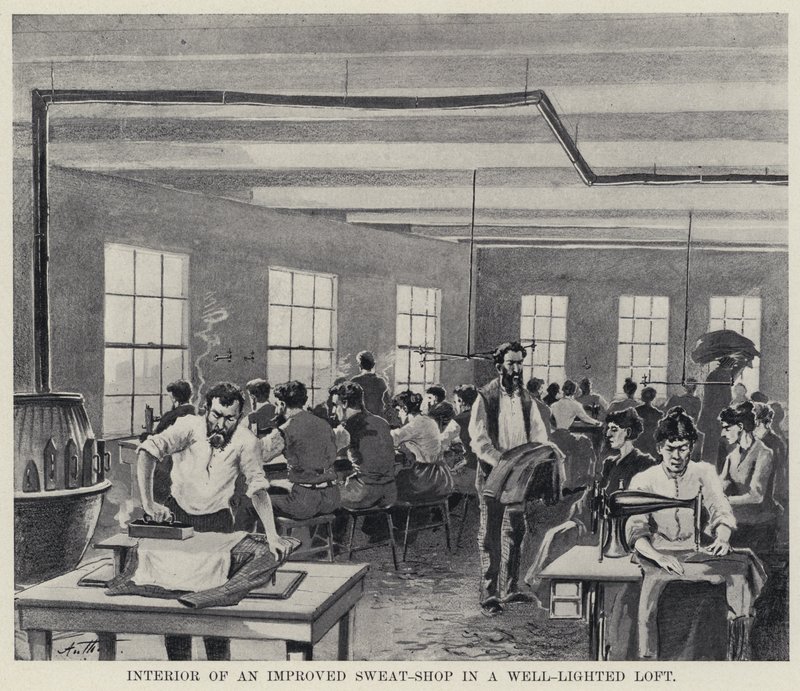 Interiør af en forbedret Sweat-Shop i et godt oplyst loft (s/h foto) af American Photographer