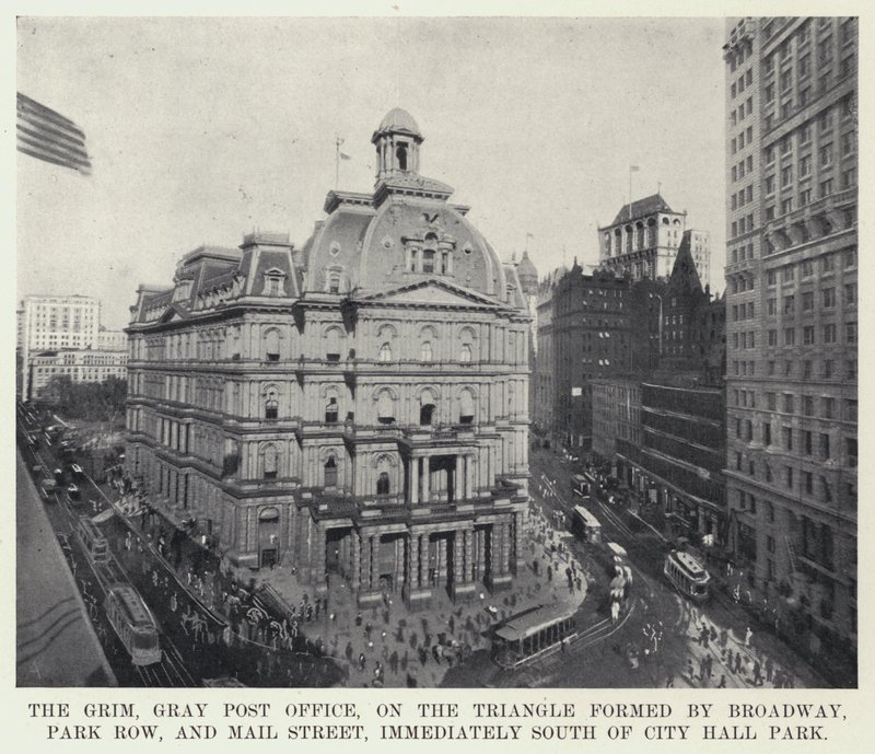The Grim, Grey Post Office, på trekanten dannet af Broadway, Park Row og Mail Street, umiddelbart syd for City Hall Park (s/h foto) af American Photographer