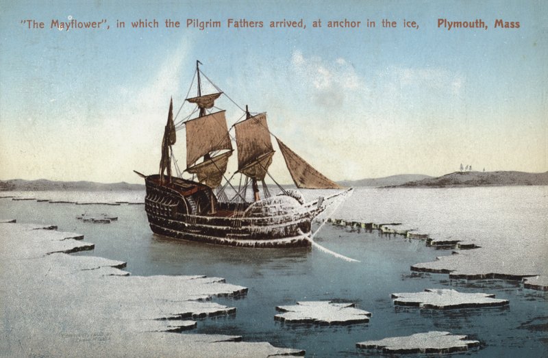 Mayflower, som pilgrimsfædrene ankom i, ligger for anker i isen, Plymouth, Massachusetts (farvefoto) af American Photographer