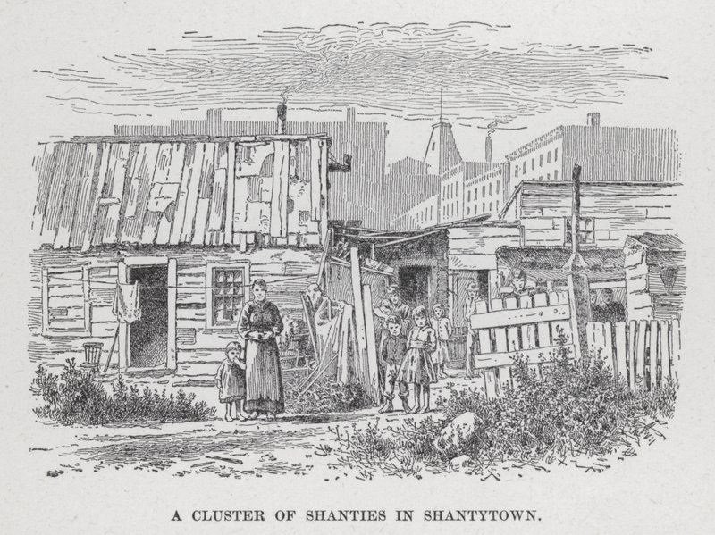 En klynge af shanties i Shantytown (litho) af American School