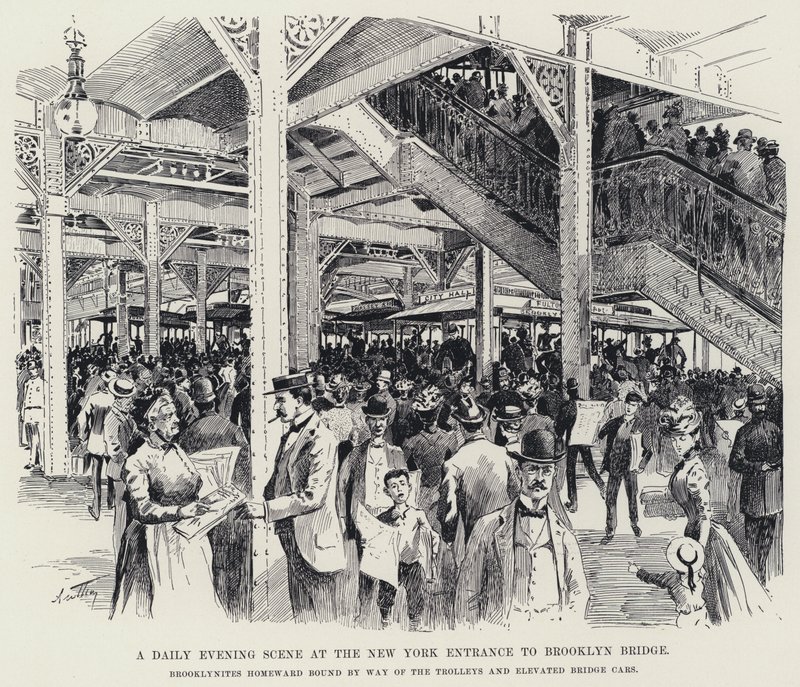 En daglig aftenscene ved New York-indgangen til Brooklyn Bridge (litho) af American School