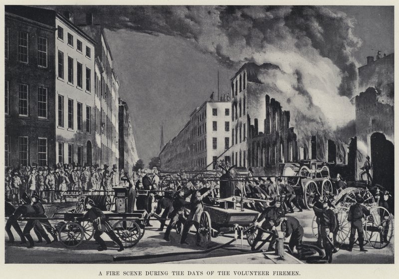 En brandscene under de frivillige brandmænds dage (litho) af American School