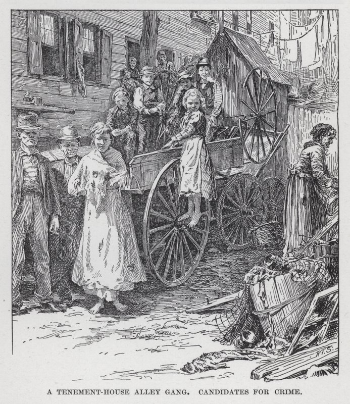 En Tenement-House Alley Band, kandidater til kriminalitet (litho) af American School