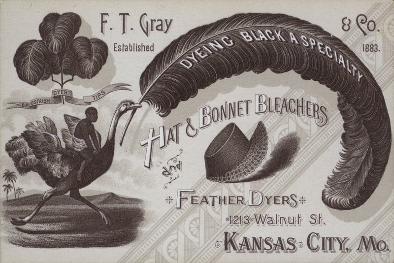 Annonce for F T Grey, hatte- og hætteblechere og fjerfarvere, Kansas City, Missouri, USA (litho) af American School