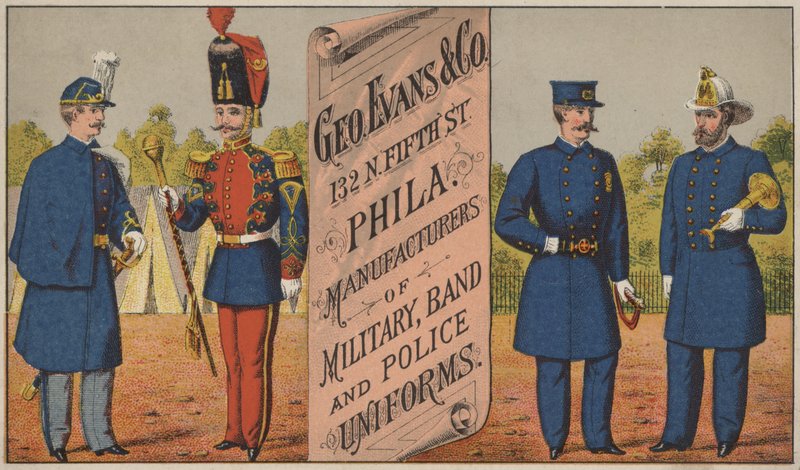Annonce for George Evans & Co, fabrikanter af militær-, musik- og politiuniformer, 132 N Fifth Street, Philadelphia af American School