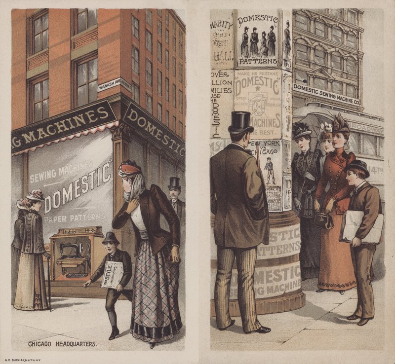 Annonce for Domestic Sewing Machine Company, Chicago, Illinois, USA (farve litho) af American School