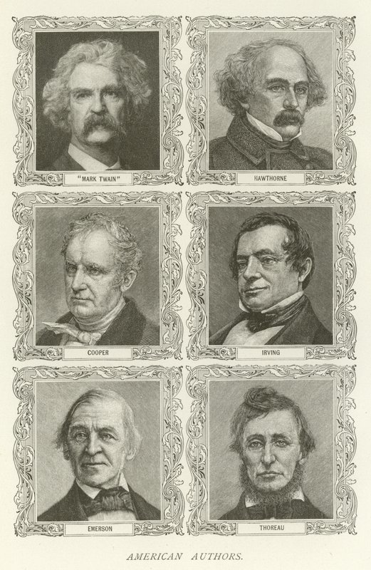 Amerikanske forfattere, Mark Twain, Hawthorne, Cooper, Irving, Emerson, Thoreau af American School