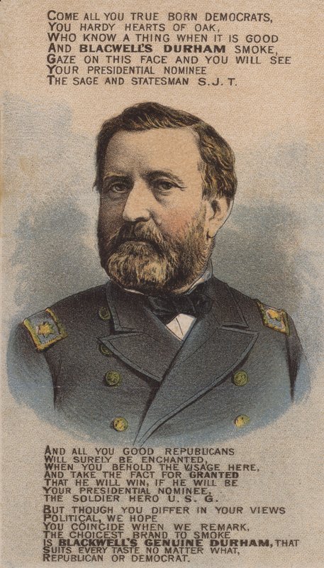 Amerikansk soldat og politiker Ulysses S Grant, handelskort reklame for Blackwell Durham Bull Tobacco, 1870