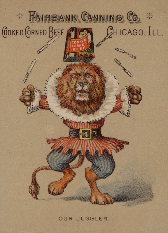 Amerikansk handelskort, der reklamerer for kogt corned beef fra Fairbank Canning Company, Chicago, Illinois af American School
