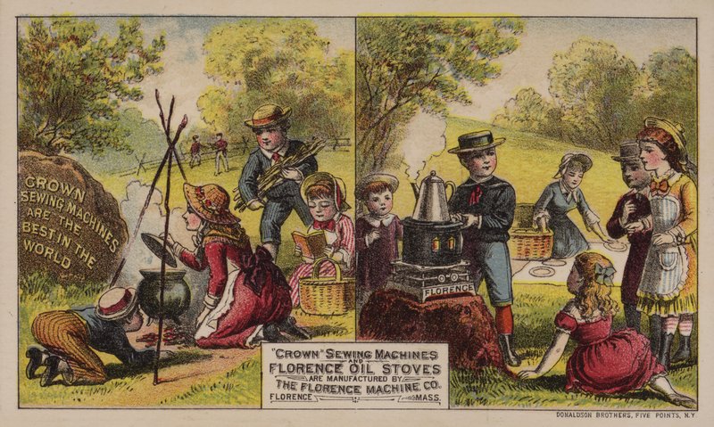 Amerikanske handelskort-reklamesymaskiner og olieovne fremstillet af Florence Machine Company, Massachusetts, c1880