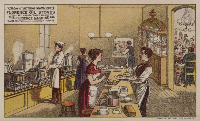 Amerikanske handelskort-reklamesymaskiner og olieovne fremstillet af Florence Machine Company, Massachusetts, c1880