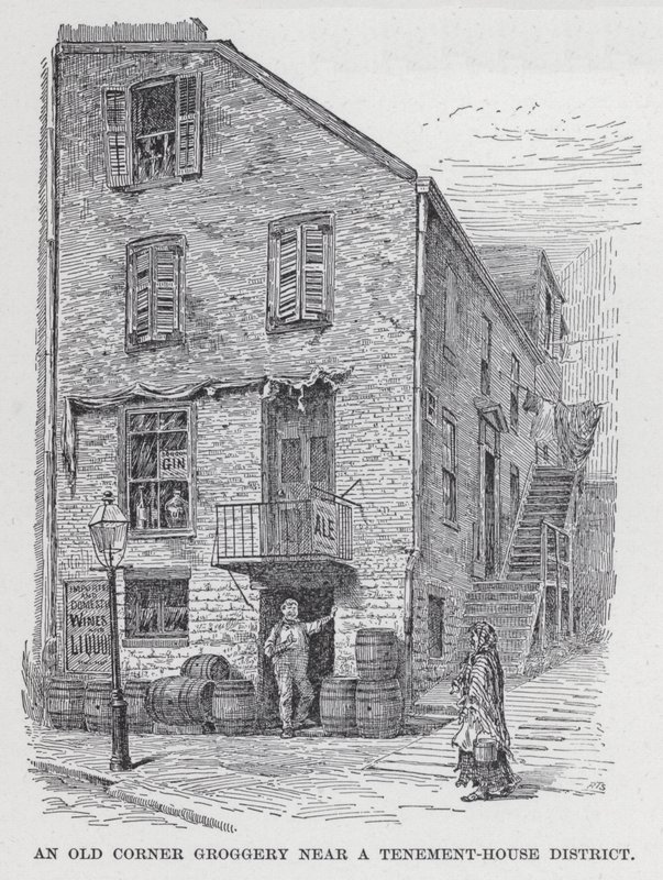 En gammel Corner Groggery nær et Tenement-House District (litho) af American School