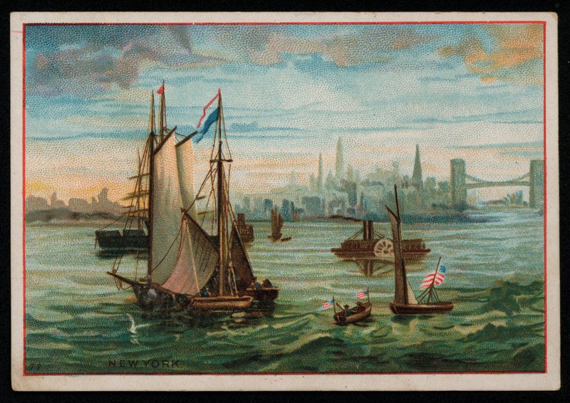 Både i New Yorks havn, lykønskningskort. (chromolitho) af American School