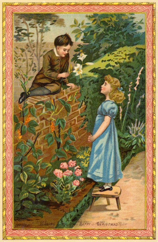 Dreng sidder på en væg og tilbyder blomster til en pige af American School